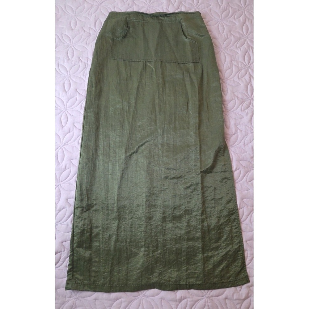 VTG INNOCENT Vinyl Skirt Size Large Slits Y2K Whimsigoth Green Kangaroo Pocket